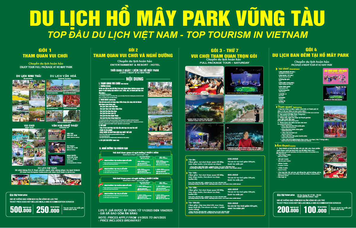 bảng giá vé du lịch hồ mây park vũng tàu
